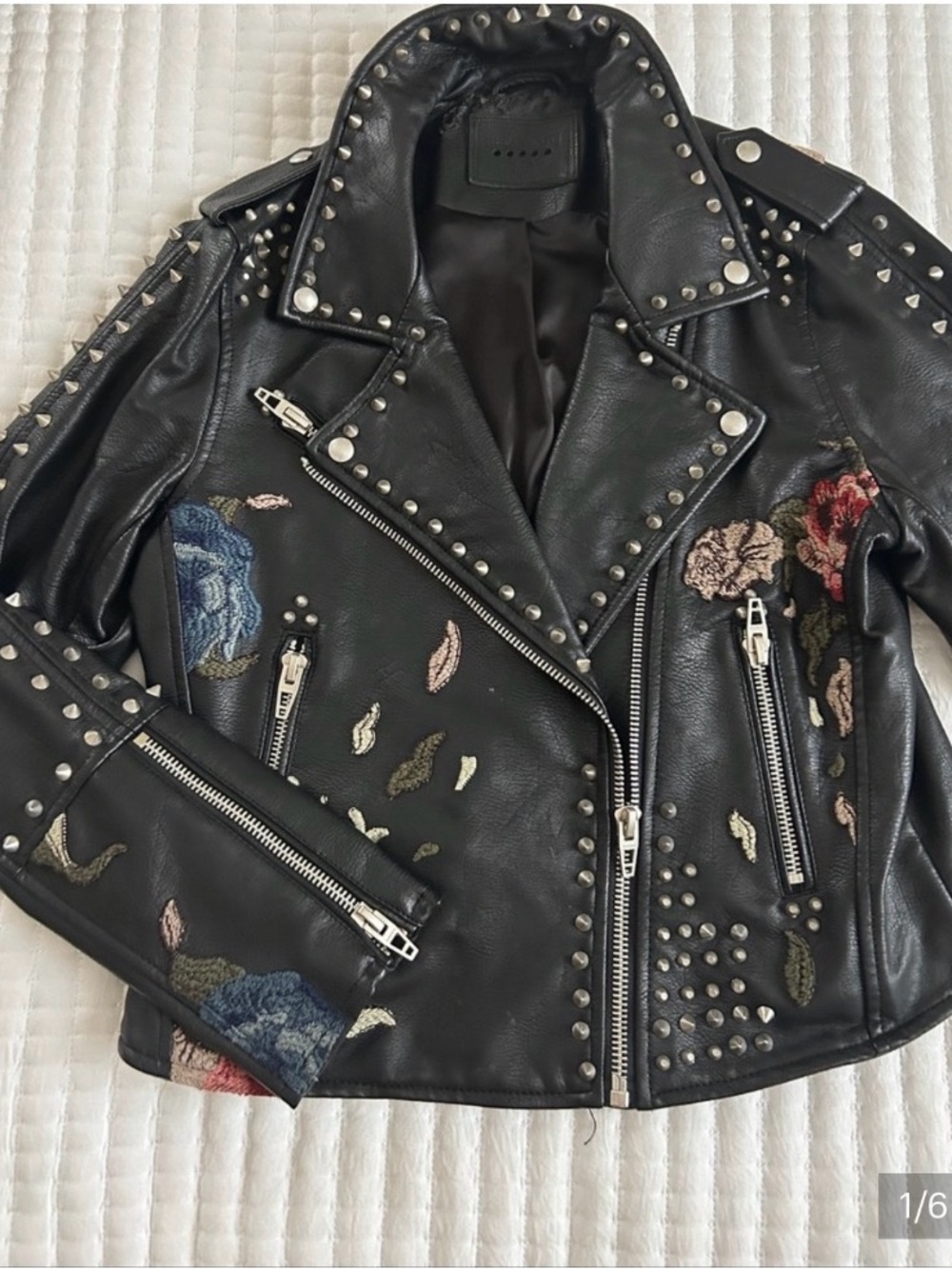 Blank NYC Black Studded Leather Motorcycle Jacket with Floral Embroidery